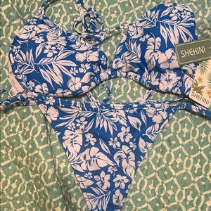 Shekini Blue and White Floral string Bikini